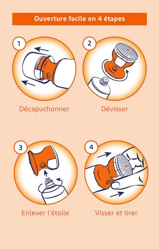 Bouchon facile à ouvrir : décapuchonner, dévisser, enlever l’étoile, visser et tirer.