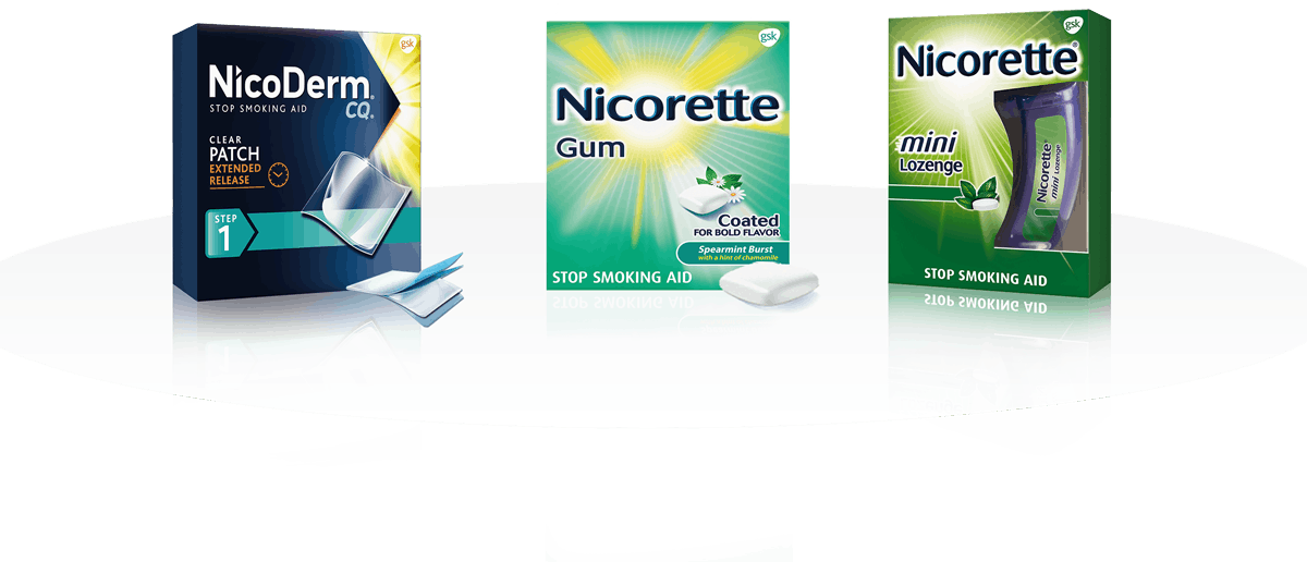 Stop smoking aids Nicoderm CQ Clear Patch Extended Release, Nicorette Gum Fruit Chill, and Nicorette mini Lozenge Stop smoking aids Nicoderm CQ Clear Patch Extended Release, Nicorette Gum Fruit Chill, and Nicorette mini Lozenge