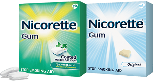 Nicorette gum packages in original and mint flavors Nicorette gum packages in original and mint flavors